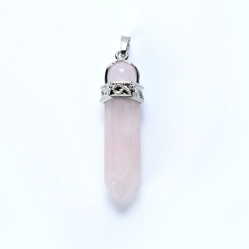pink crystal Ограненный природный камень Призма кулон с круглым бисером опал красный камень белый розовый прозрачный кристалл оникс Ляпис подвески для ожерелья - Окраска металла: pink crystal
