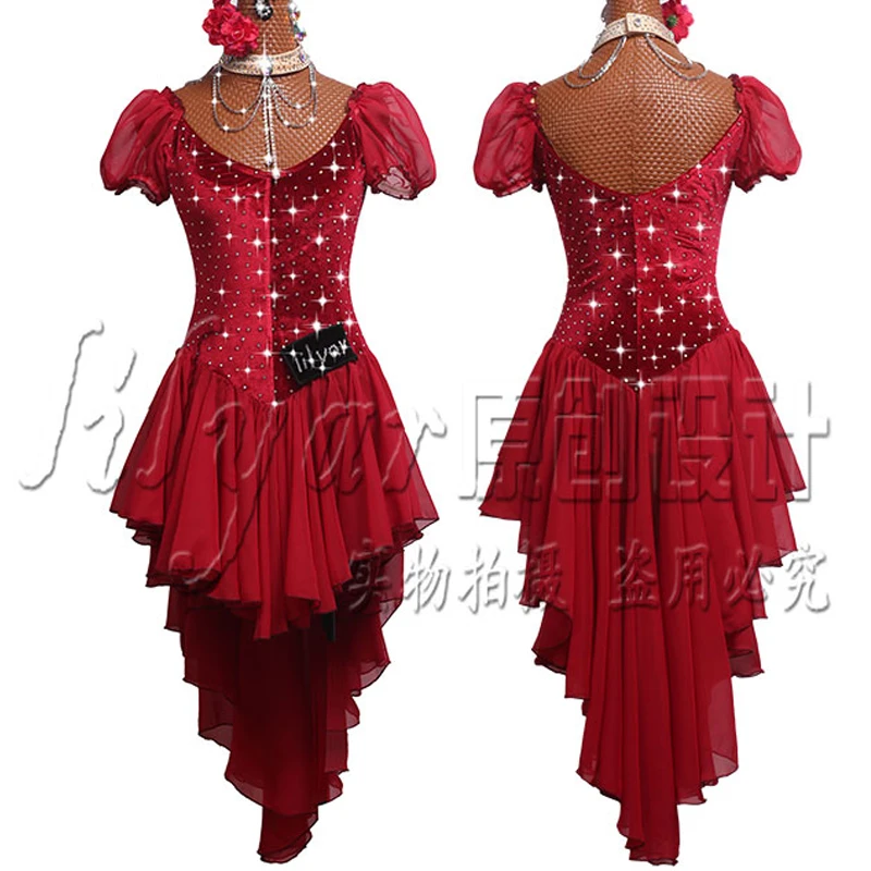2019 Latin Dance Dress For Female/Women/Girls Customize Red Velvet Salsa Stage Competition Chiffon VDB159 | Тематическая одежда и