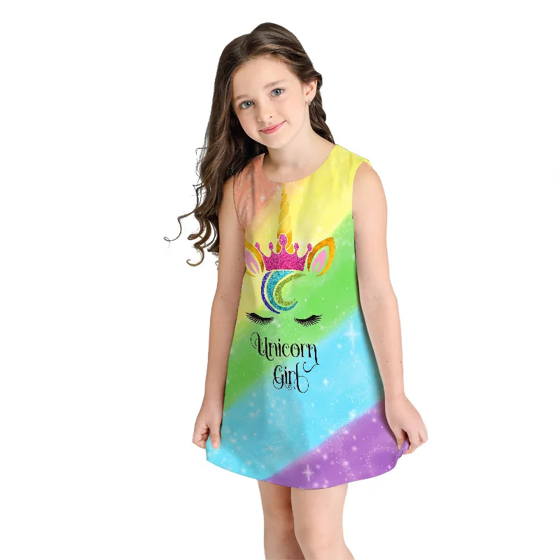 Summer Girl Dress kids Rainbow Mermaids Printed Unicorn Party Sleeveless 8 10 12 Year Toddler Clothes Vestidos Menina | Детская одежда