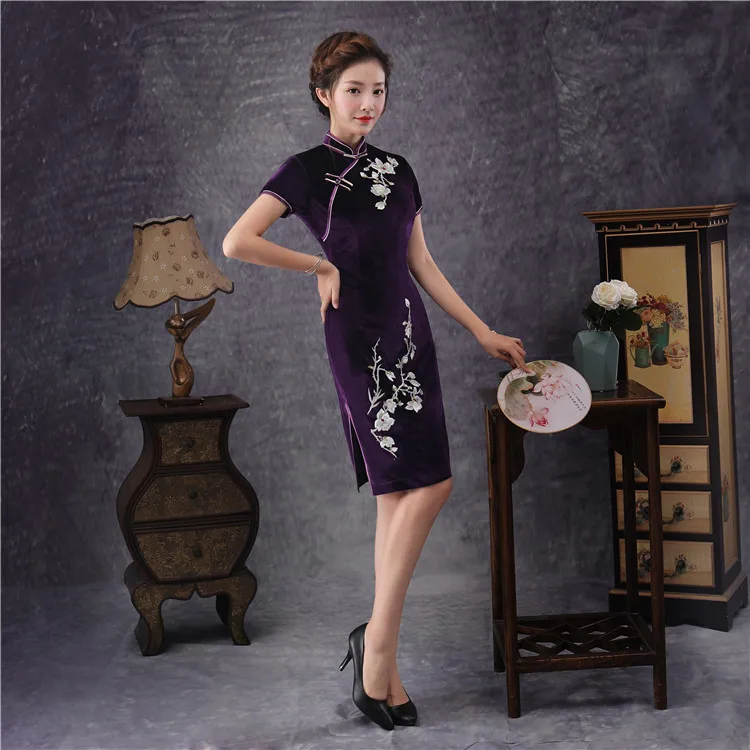 Китайский женский Qipao по колено Cheongsam Для женщин традиционный бархат вечернее