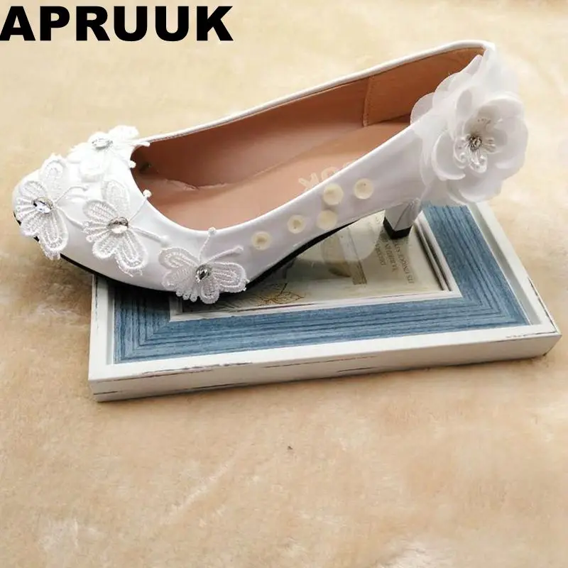 

New coming fashion white lace butterfly wedding shoes bride plus sizes low high heel european woman's bridal flower pumps shoes