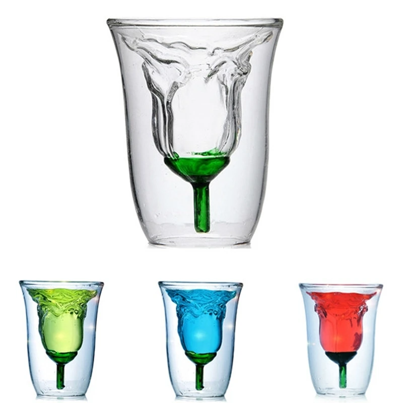 180ml Flower Shaped Double Wall Rose Double Walled Heat Resistant Coffee Beer Tea Milk Cup Whisky Glassware Bar Cocktail Glass