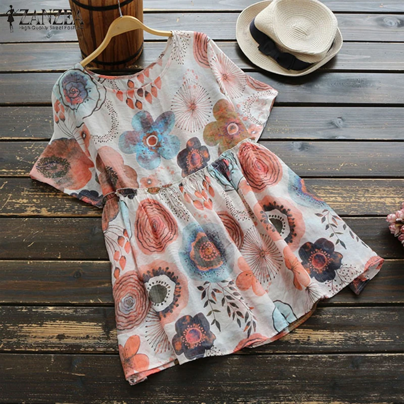 2019 Autumn Women Floral Printed Shirt Pleated Blusas ZANZEA Blouses Casual Loose Short sleeve Blouse Cotton Linen Top Plus Size |