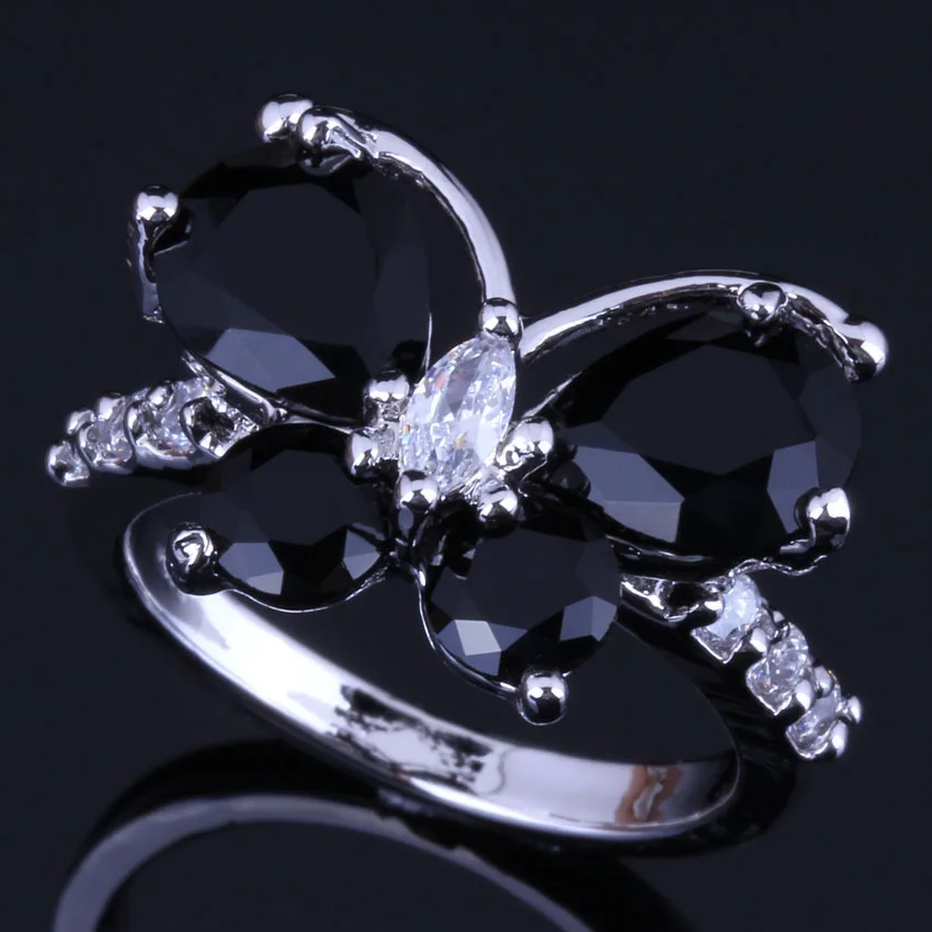 

Rare Butterfly Black Cubic Zirconia White CZ Silver Plated Ring V0462