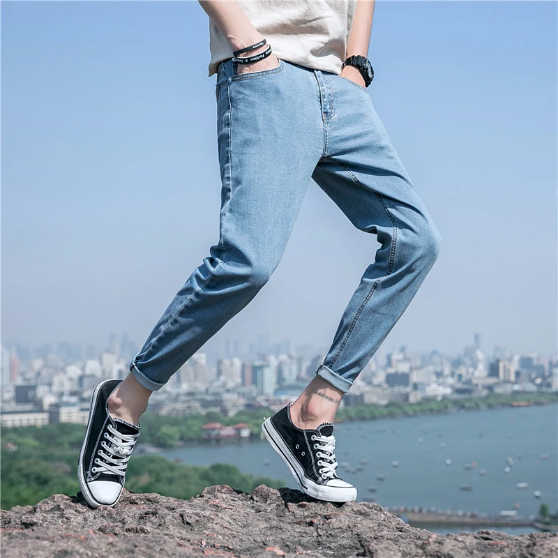Промывают синий черный Slim Fit джинсы для женщин мужчин Высокое качество