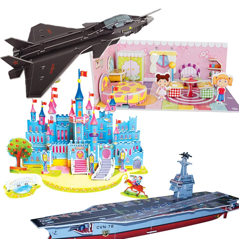 

3D DIY Puzzle Jigsaw Model Castle Cartoon House Assembly Paper Froth Environment Safety Toys for Kids Gift Aircraft Carrier Tank