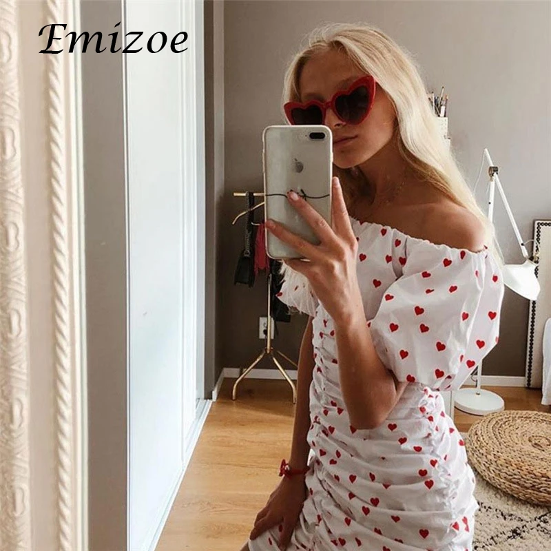 Женское платье с открытыми плечами Emizoe летнее Мини Платье принтом в форме сердца
