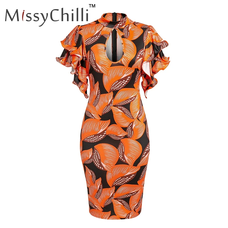Оранжевый MissyChilli, элегантное, сексуальное, с рюшами, облегающее, короткое платье, для женщин, цветочный рисунок, лист, вечерние, для клуба, платье, для девушек, летнее, трикотажное, Пляжное, винтажное - Цвет: Оранжевый