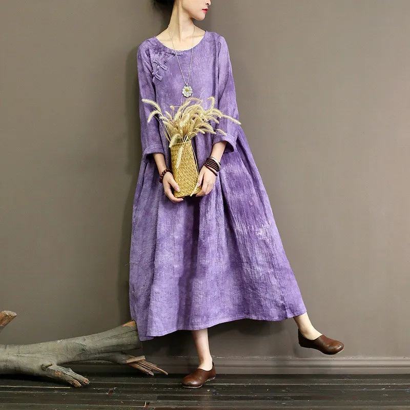 QPFJQD Women'S Retro National Wind Sand Wash Linen Dresses Autumn Spring Full Sleeve 3 Buttons O Neck Long Purple Maxi Dress | Женская