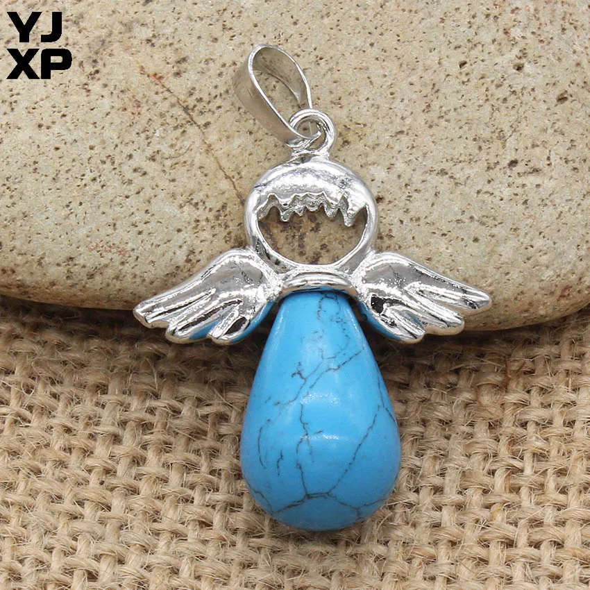Blue Turquoises YJXP Подвески с крыльями ангела в форме капли воды натуральный камень аметисты розовый Quartzs милые Подвески ювелирные изделия ожерелья подходит - Окраска металла: Blue Turquoises
