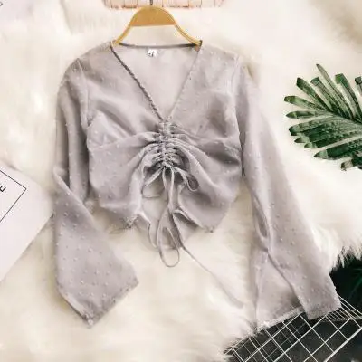 2018 new fashion women blouse shirt sweet sunscreen V-neck drawstring long-sleeved chiffon female |