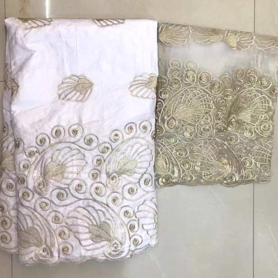 5 Yards African Basin Lace White with 2 French Net High Quality BAZIN Riche Fabric set for wedding gown TSBS-5 | Дом и сад