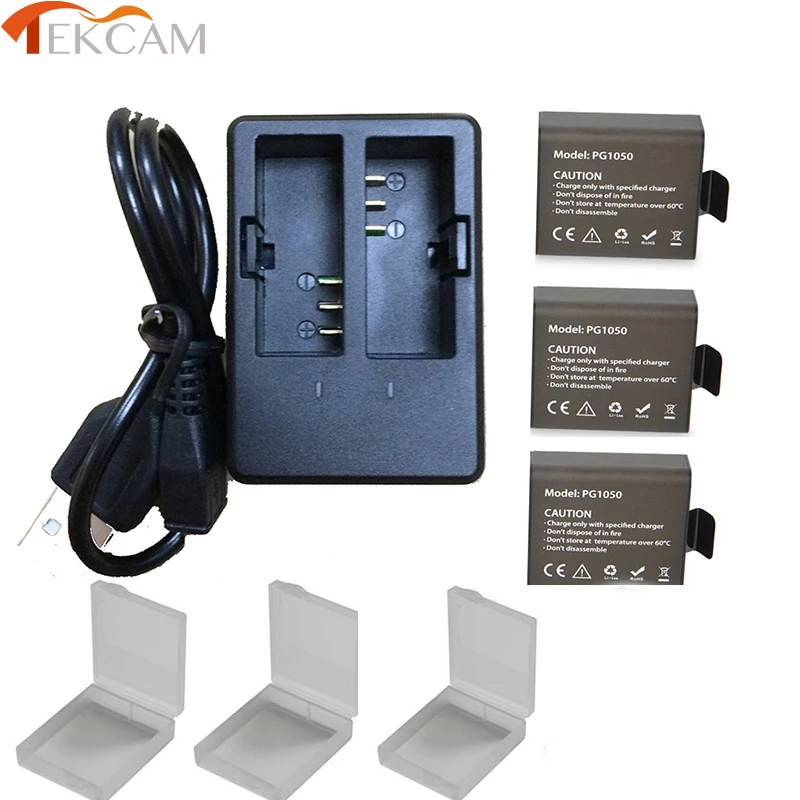 Tekcam 3x1050 мАч для SJCAM SJ5000 батарея+ двойное зарядное устройство SJ4000 SJ5000x M10 dbpower ex5000 Soocoo Gitup Git2 Экшн-камера