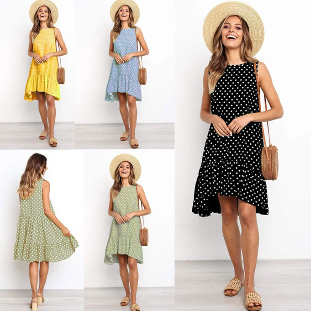 Для женщин Весна Aummer новые свободные шить большие качели в горошек без рукавов