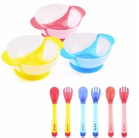 hot sales 1set3pcs baby spoon bowl learning dishes with suction cup assist food bowl temperature sensing spoon baby tableware