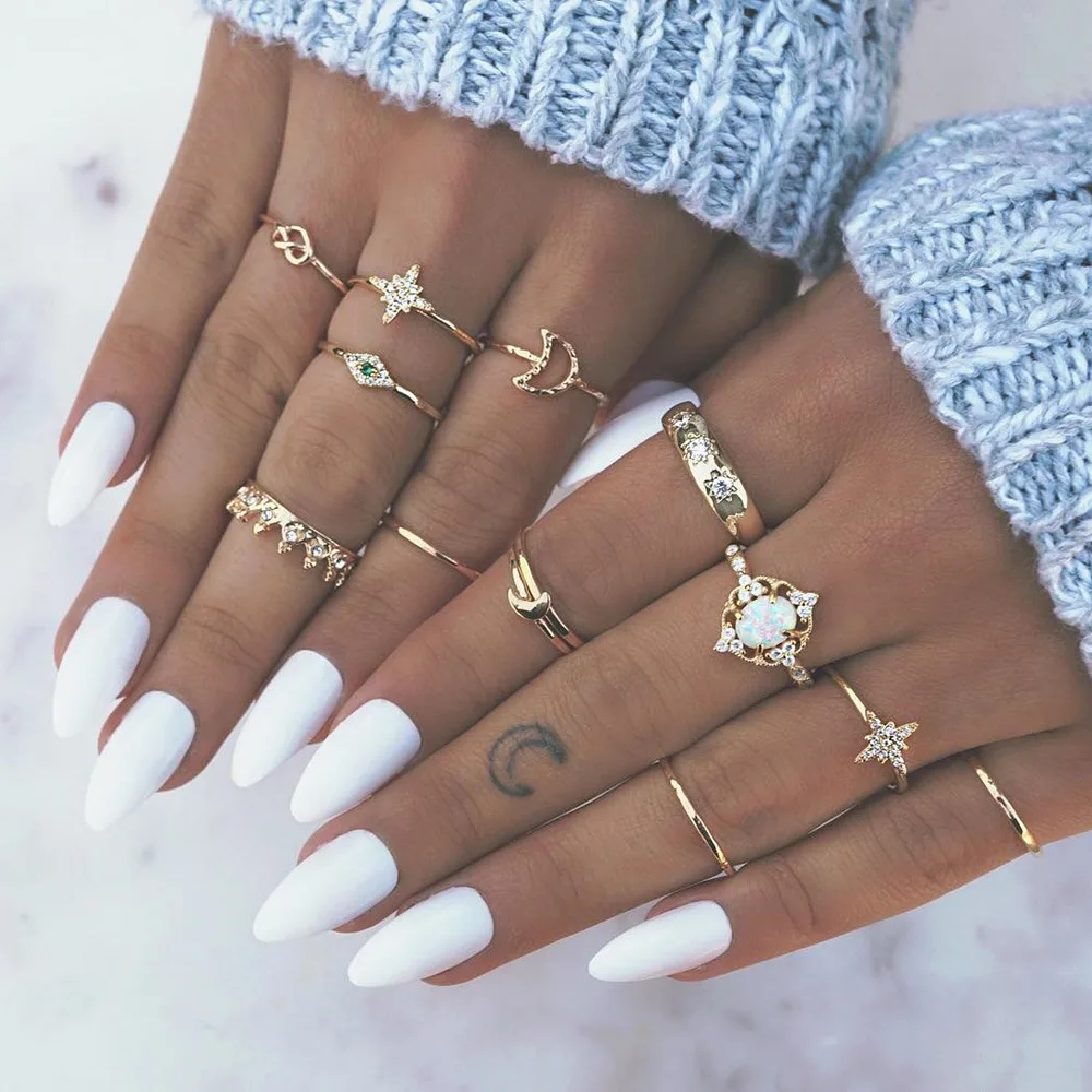 

13Pcs/Set Vintage Star Opal Crystal Finger Ring Set Bohemian Gold Moon Crown Knuckle Rings Women Fashion Jewelry Accessories