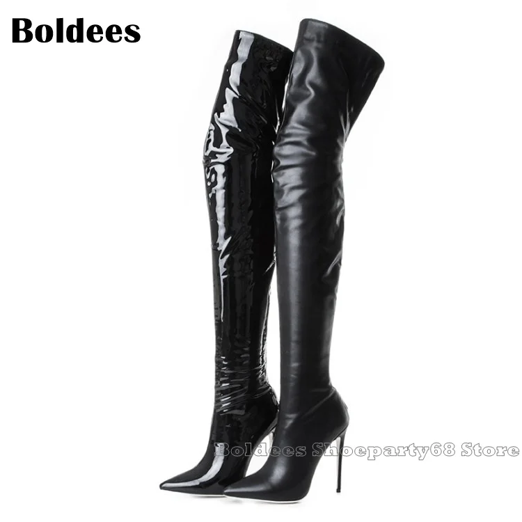 Fashion Black Leather Over The knee Thigh High Boots Women Winter Designer Thin High Heel Pointed Toe Shoes Long Bota