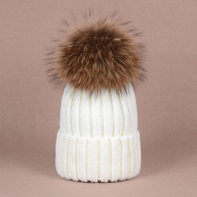 Doitbest Beanies для родителей и ребенка, Женский енот, настоящий помпон из лисьего меха, зимние шапки для взрослых, женские шерстяные шапки, бренд, женский головной убор из плотной ткани