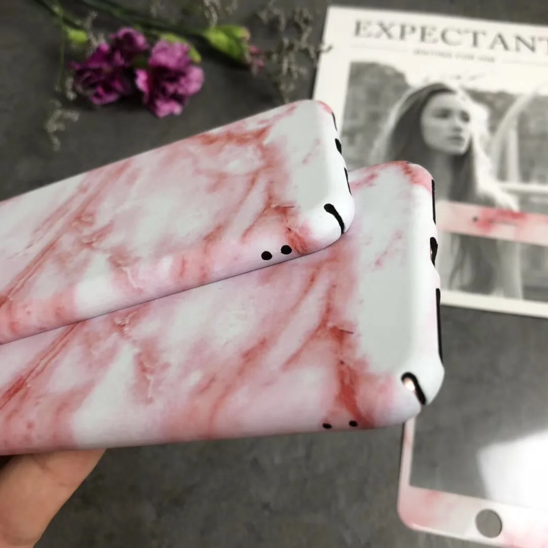 For iPhone X Marble Case + Tempered Glass matte hard PC back Cover for 7/ 7plus / 8/ 6s plus Screen color film fundas |