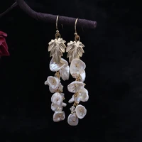 designer hand made of natural special shaped pearl long ear hook earrings