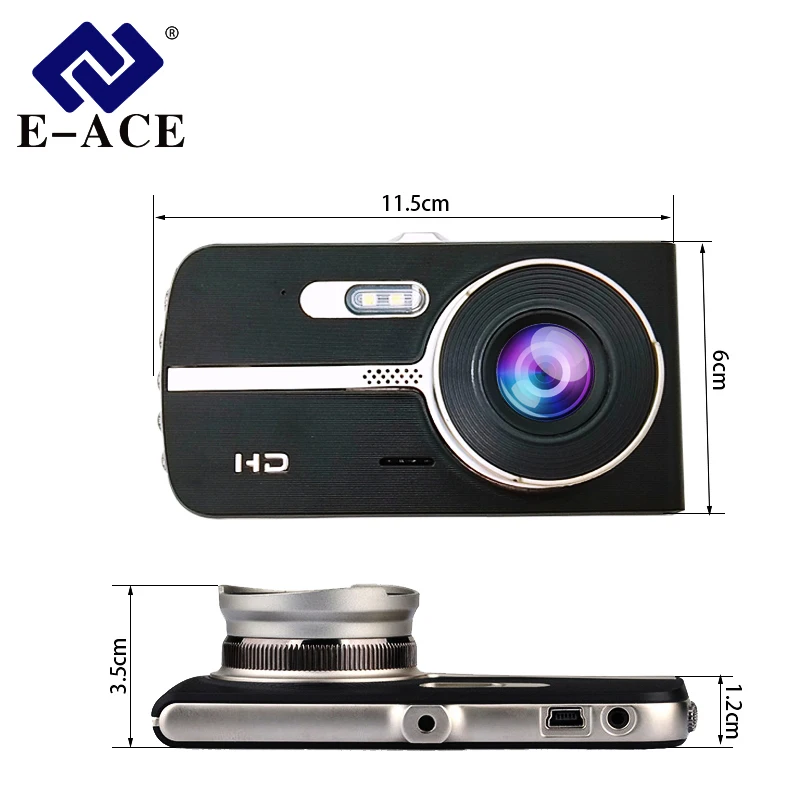 E ACE Автомобильный видеорегистратор FHD 1080P Dashcam 4 дюйма с двумя объективами ночного
