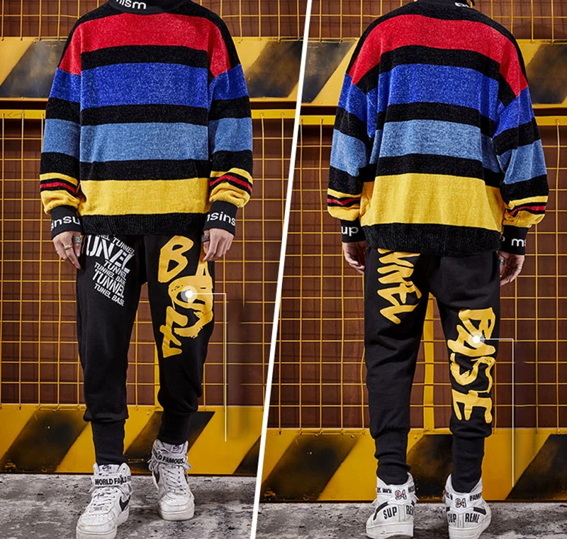 Свободный Топ, свитер в радужную полоску, вязанный трендовый пуловер и свитер для мужчин, водолазка, зима, негабаритный мужской Рождественский свитер, одежда