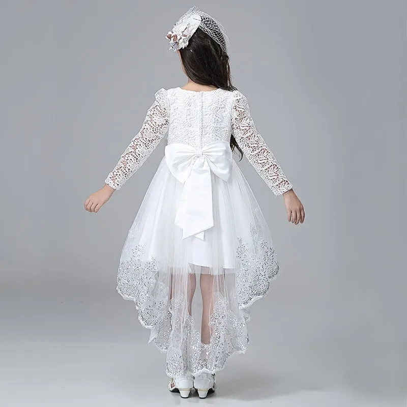 Elegant Lace Long Sleeves Princess Girls Dovetail Dress Kids Children Trailing Sequins Flower White Birthday Party Prom | Детская одежда