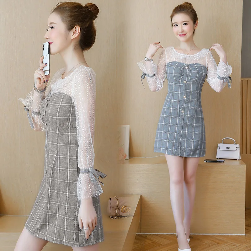 

Young Gee Spring Fall Fashion Elegant Lace Women Bodycon Office Lady Work Short Dress Slim Prom Formal Party Plaid Mini Dresses