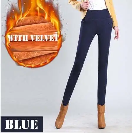 navy blue WKOUD офисные женские брюки-карандаш, зимние теплые брюки с высокой талией, Стрейчевые штаны, Женские повседневные плотные обтягивающие леггинсы для фитнеса P8669 - Цвет: navy blue