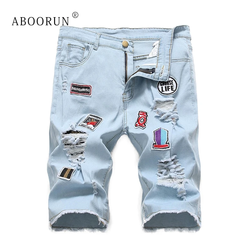 ABOORUN Марка NEW fashion Hi Street Мужская Мода Джинсовые шорты синего цвета с вышивкой рваные джинсовые летние хлопчатобумажные шорты для мужчин x1940