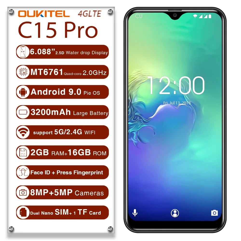 OUKITEL C15 Pro 6 088 &quot19:9 2 ГБ 16 Android 9 0 мобильный телефон MT6761 четырехъядерный ГГц 4G LTE
