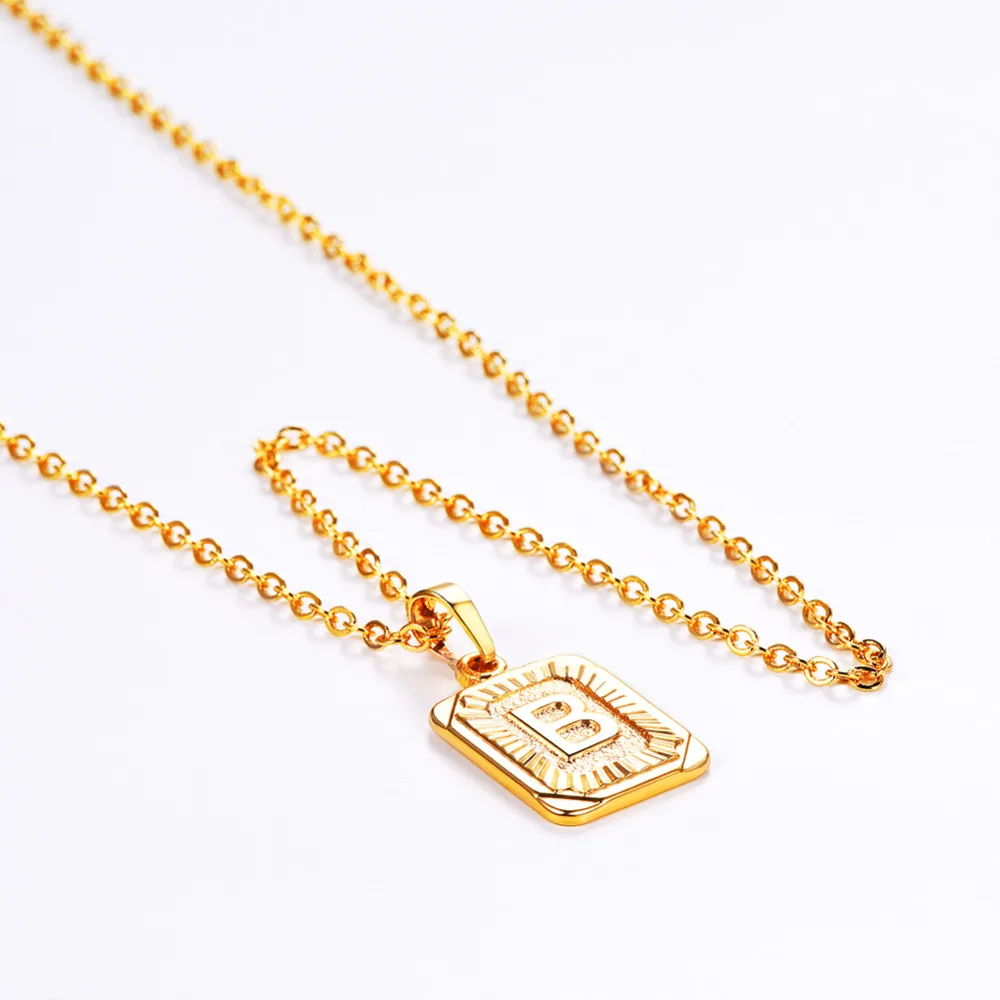 U7 Square Letters Necklaces Pendant Chain Necklace for Women Men English Initial Name Alphabet Jewelry Best Birthday Gifts P1196