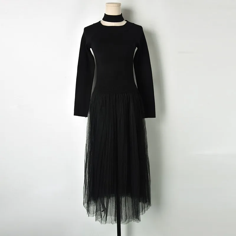 2018 осенне зимнее платье свитер с лямкой на шее ажурный из тюля плиссированное