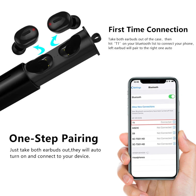Мини T1 TWS V5.0 Bluetooth наушники 6D настоящие беспроводные стерео с микрофоном
