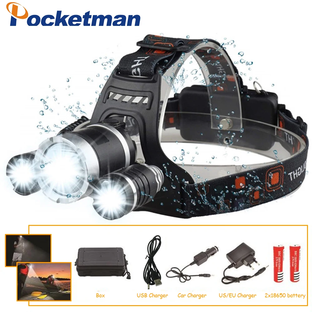 6000 Lumens LED Headlamp 3 x XML T6 LED Head Light Flashlight led headlamp choose battery charger for camping/hunting/fishing
