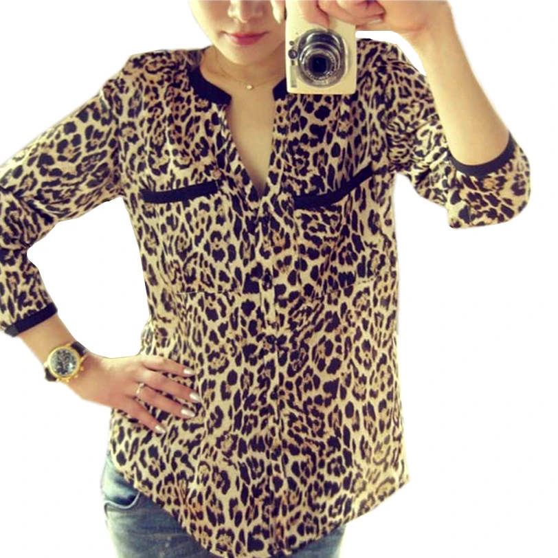 Женская шифоновая блузка рубашка с длинным рукавом леопардовые тонкие женские