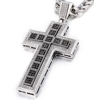 Small Silver Blcak Двойная трендовая подвеска в виде креста, блестящий кристалл, черная/Серебряная/Золотая цепочка, ожерелье для мужчин, ожерелье в стиле хип-хоп, ювелирные изделия, кубинские ожерелья - Окраска металла: Small Silver Blcak
