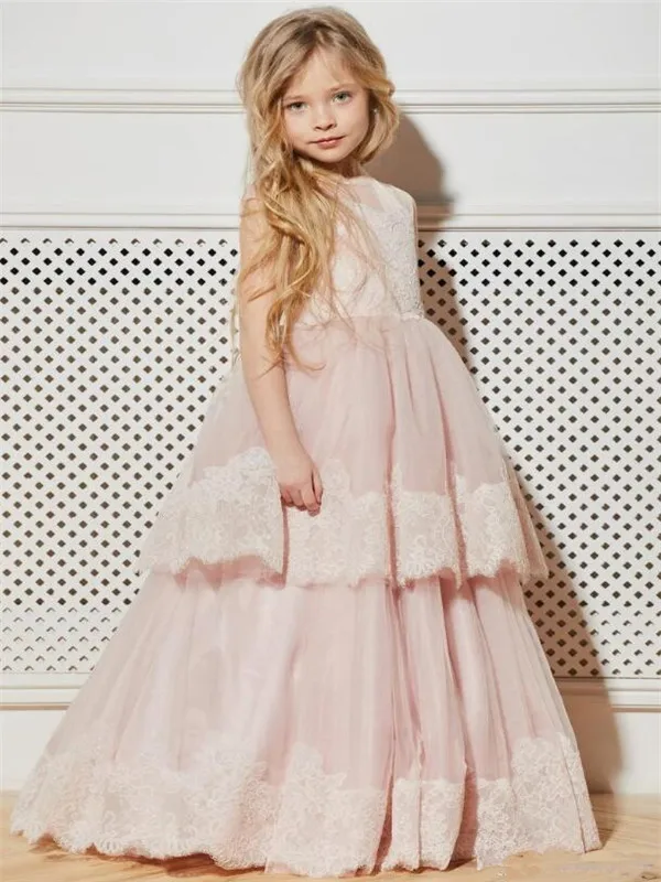 New Light Pink Tiered Flower Girl Dress with Lace Appliques Sheer Back Up High Quality Princess Customized For 2-14 Y | Детская одежда