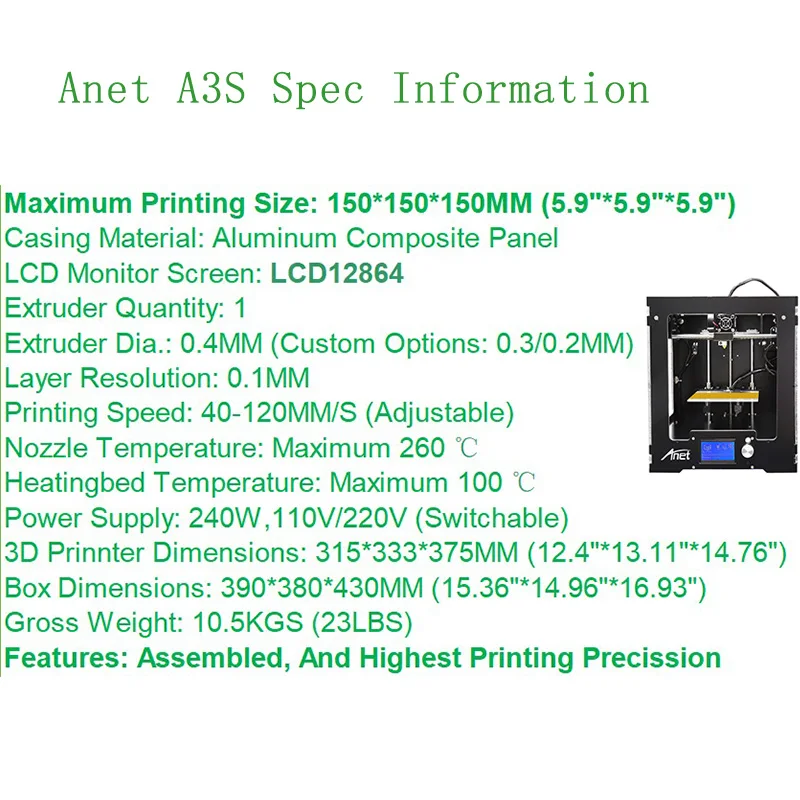 Высокая точность печати Anet A3S 3d принтер алюминиевая композитная панель