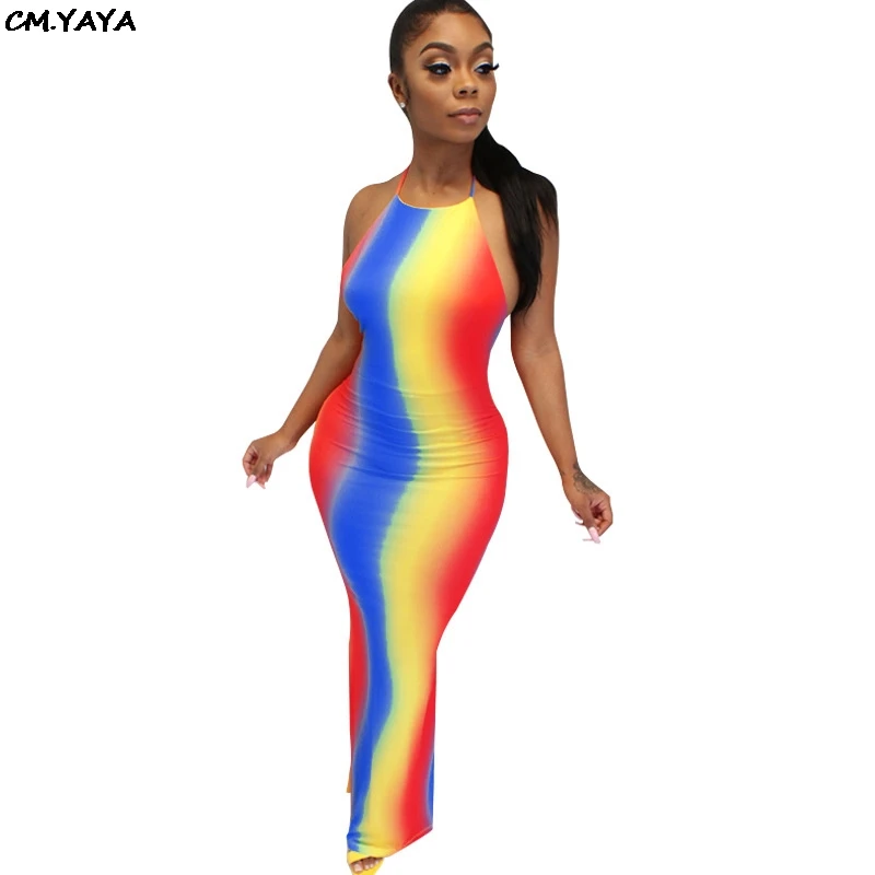2019 new women summer rainbow halter neck open back bodycon midi maxi dress club party sexy night long dresses 3 color GLME2705 | Женская