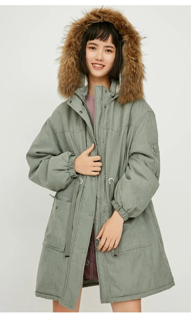 ONLY Women's Raccoon Fur Collar Cinched Waist Long Cotton Coat |118122501