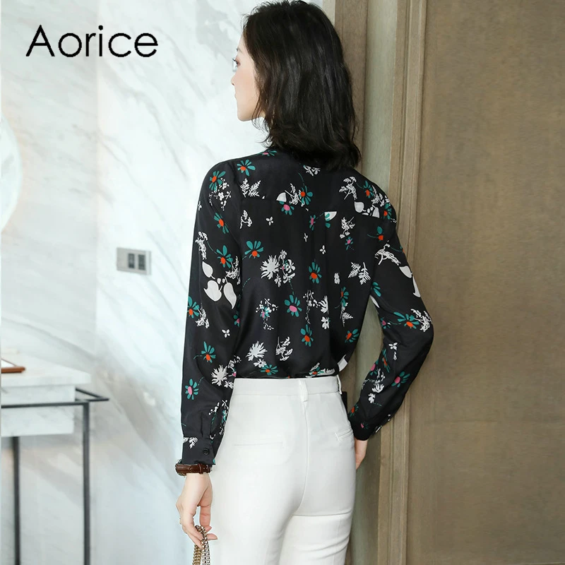 Aorice WP931 100% silk New women black printing V collar skirt front lady Age reduction floral print girl short dress |
