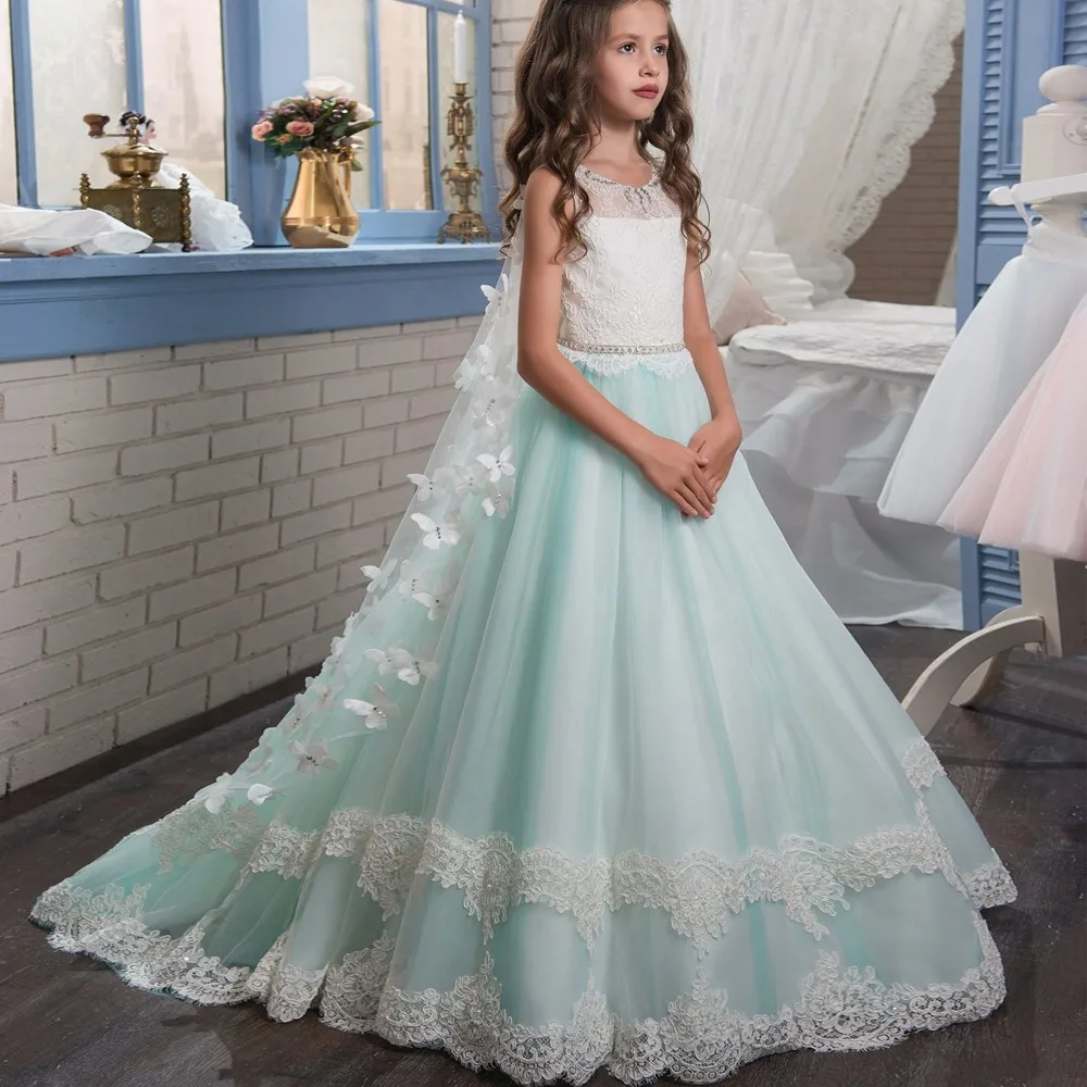 

Europe New Style Blue Flower Girl Dress Big Children Princess Dress Cute Lace Flower Big Bow-knot O-neck Sleeveless Dress