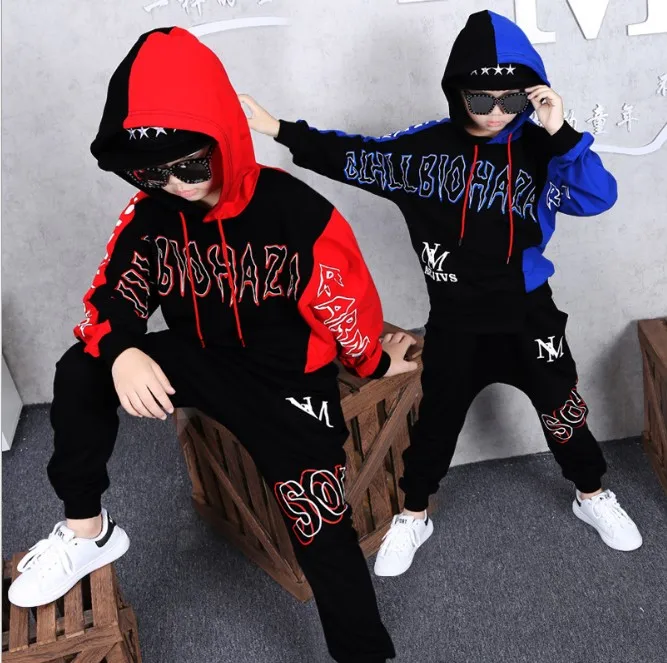 Hip Hop Children's Clothing Suit Spring Fall Boys Fashion Printing Spliced Clothes Kids Sweatshirt + Pants 2 Pcs Streetwear B140 |