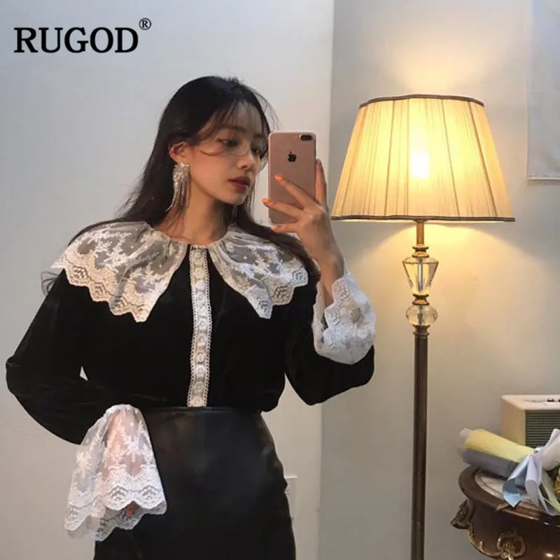 Женская винтажная блузка RUGOD черная однотонная в стиле пэчворк с длинными