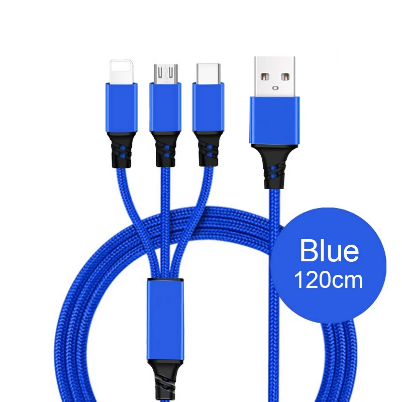 2/3 в 1 кабель зарядного устройства для iPhone 6 S 6 S 5 SE 7 8 Plus X XR XS Max Micro usb type C Android для huawei Xiaomi 3в1 3A провод шнур - Цвет: Blue 3in1 1.2M