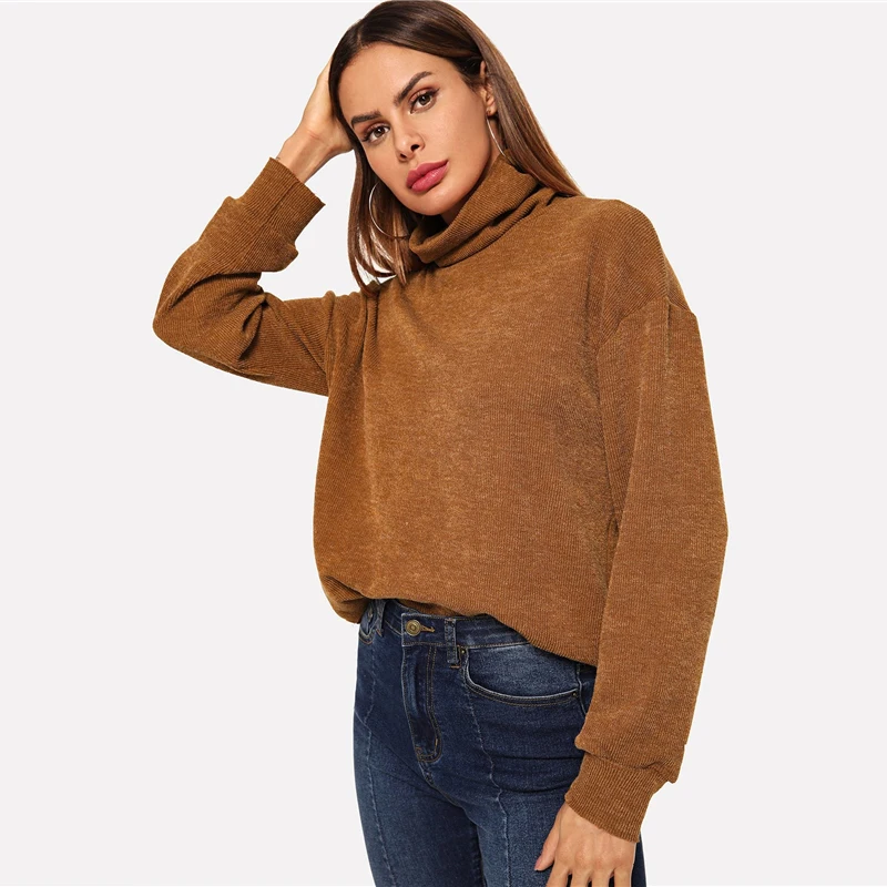 Sheinside, коричневая водолазка, однотонный пуловер, толстовка, Женские топы с длинным рукавом,, осенняя Женская одежда, повседневные толстовки