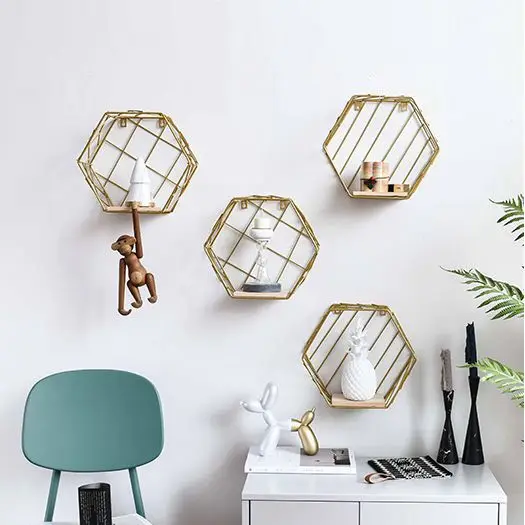 Nordic Metal Grid/stripe Wall Hanging Shelf Rack Hexagon Convenient Storage Holder Geometric Figure Home Decoration | Дом и сад