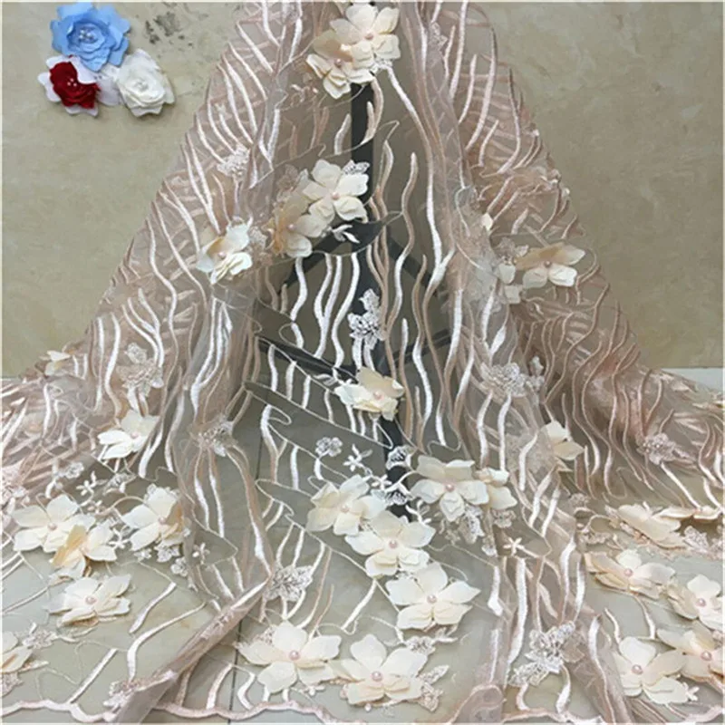 Latest French Nigerian 3D Flower Net Laces Fabrics 2019 High Quality Tulle Lace Material African Beaded Mesh Fabric pink | Дом и сад