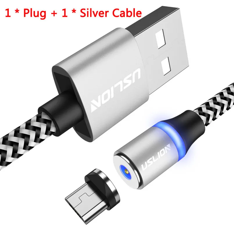 USLION Micro USB кабель usb type C Магнитный Кабо Для Xiaomi samsung S9 S8 для iPhone X нейлоновый Плетеный светодиодный магнитный кабель телефонный кабель - Цвет: Silver